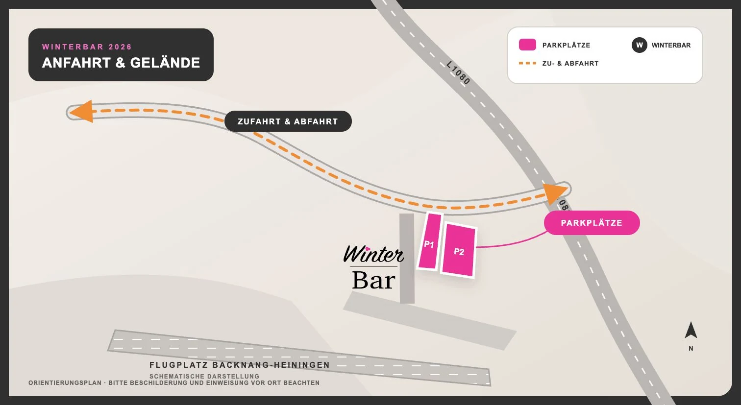 Geländeübersicht der WinterBar am Flugplatz Backnang mit orange markierten Parkflächen und hellblau markierter Veranstaltungsfläche